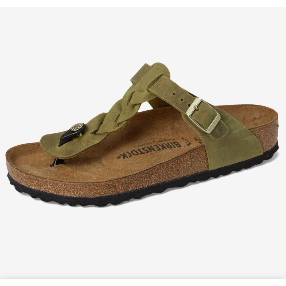 NIB Birkenstock Gizeh Braided Oiled Leather Thong Sandals Green Olive Womens 36
